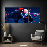 Spider-Verse wall poster set featuring animated characters in dynamic poses mounted on a dark living room wall
